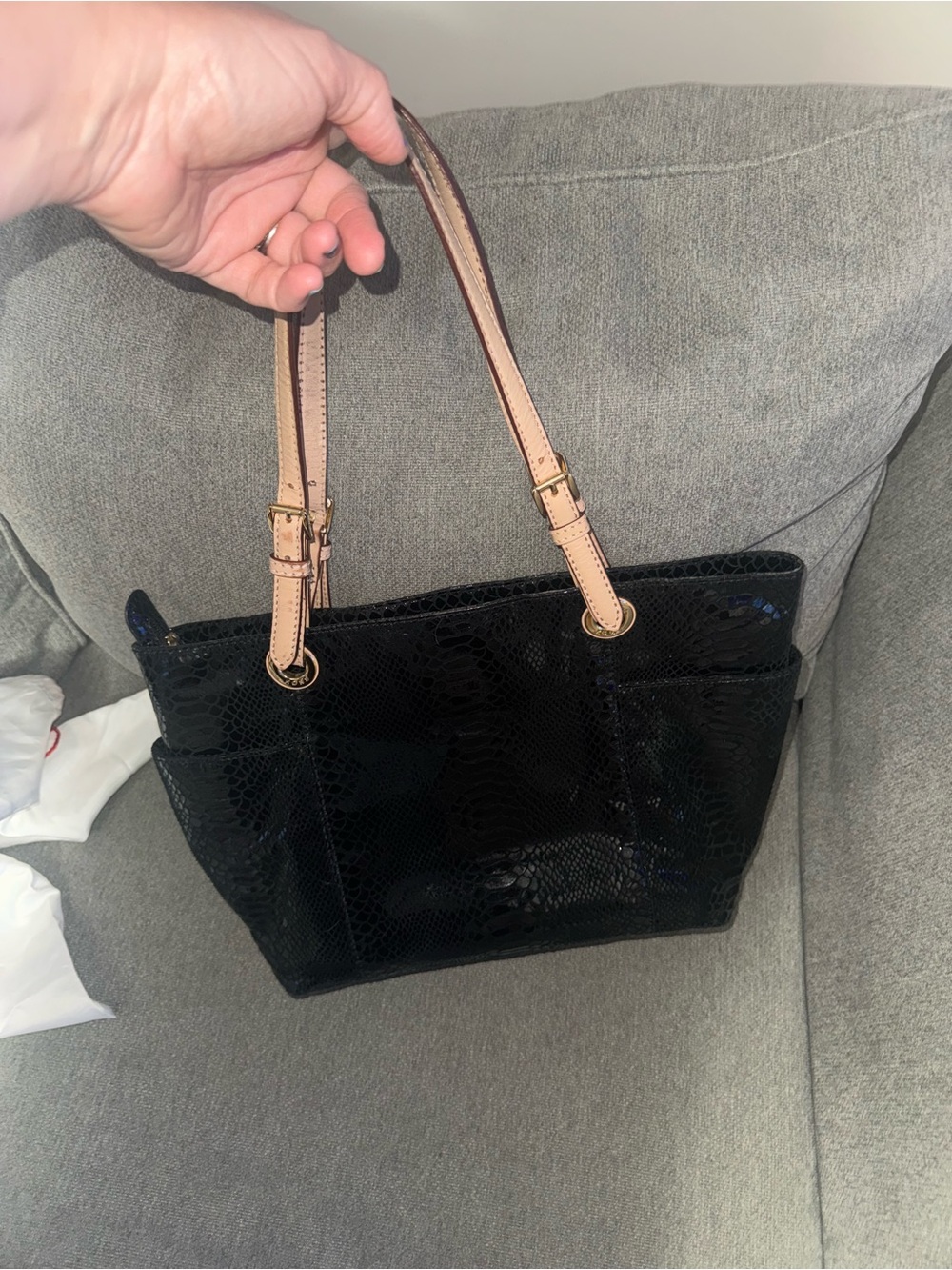 Michael Kors Black Patent Snake Skin Tote w/Leather Straps - Picture 5 of 5